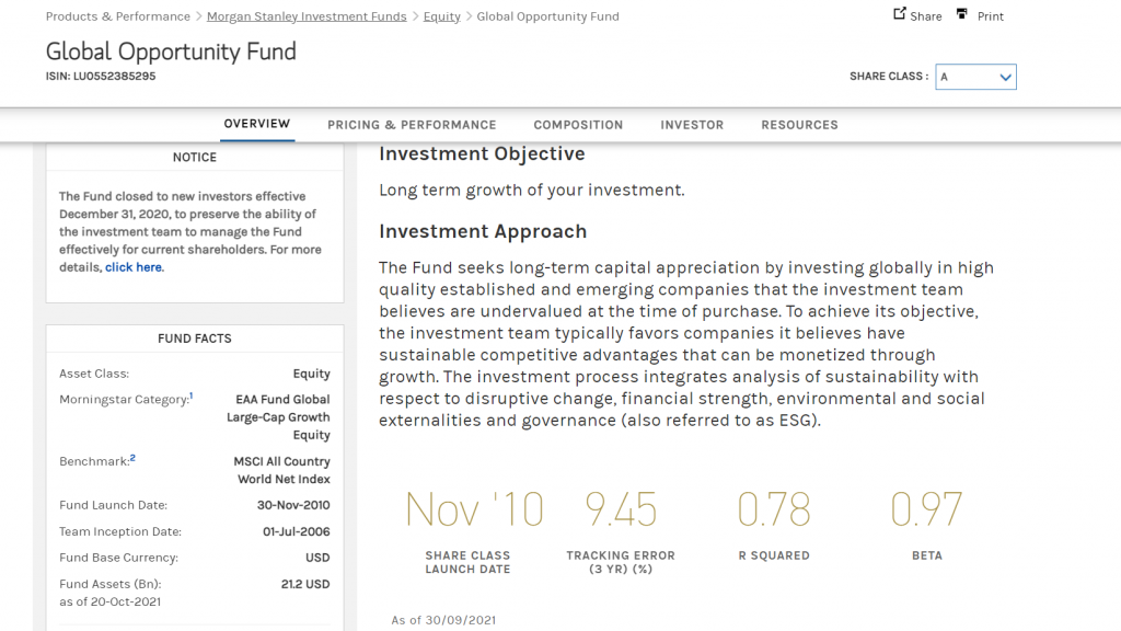 Exemplo de fundos internacionais: site Morgan Stanley Global